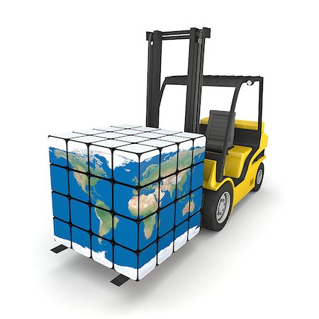 simsearch:400-06096455,k - Concept of global transportation, modern yellow forklift carrying planet Earth in form of cube, isolated on white background. Elements of this image furnished by NASA. Foto de stock - Super Valor sin royalties y Suscripción, Código: 400-07088417