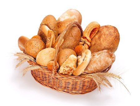 Fresh baked bread and pastry in basket on white background Stock Photo - Budget Royalty-Free & Subscription, Code: 400-07088707