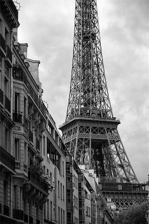 Black and white view of Eiffel Tower with French architecture in Paris France Stock Photo - Budget Royalty-Free & Subscription, Code: 400-07089014