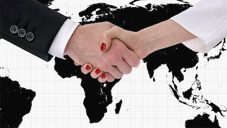 Business man and woman shaking hands with map of the world in background. Photographie de stock - Aubaine LD & Abonnement, Code: 400-07089286