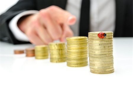 simsearch:400-06860365,k - Ladybird sitting on growing stack of Euro coins. Stock Photo - Budget Royalty-Free & Subscription, Code: 400-07089295