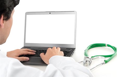 doctor business computer - doctor and laptop with blank screen. Rear view Stock Photo - Budget Royalty-Free & Subscription, Code: 400-07094080