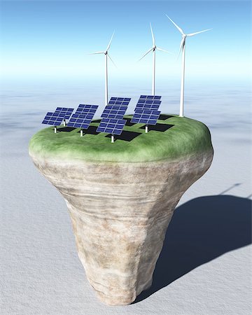 solar panels business - view of a rocky and circular terrain on a desert where are placed on its grassy top, some rows of solar panels and three wind generators behind them, all on a background desert and a clear blue sky Stock Photo - Budget Royalty-Free & Subscription, Code: 400-07094566