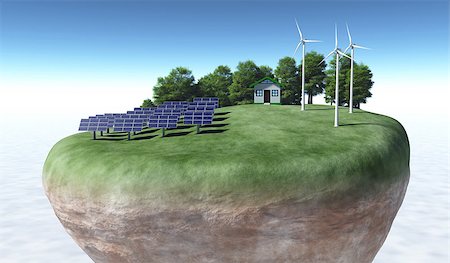 solar panels business - view of a top portion of a rocky and circular terrain where a small house is placed on top of a grassy hill and has rows of solar panels on the left, wind generators on the right and some trees behind them, all on a background desert and a blue sky Stock Photo - Budget Royalty-Free & Subscription, Code: 400-07094567
