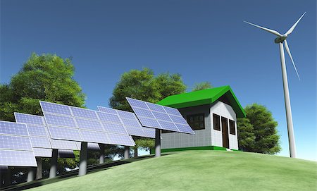 view of a small house placed on top of a grassy hill that has some solar panels on its right, a wind generator on its left and some trees behind them Fotografie stock - Microstock e Abbonamento, Codice: 400-07094568