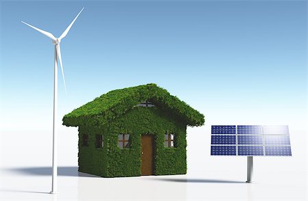 solar panels business - a small house covered by grass on the walls and on the roof, has solar panels placed on one side and a white wind generator on the other side, on a white background and a blue sky Stock Photo - Budget Royalty-Free & Subscription, Code: 400-07094569
