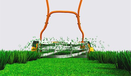 a back bottom view of an orange push lawn mower in movement that is cutting the grass along a straight strip of green lawn on a white background Fotografie stock - Microstock e Abbonamento, Codice: 400-07094560