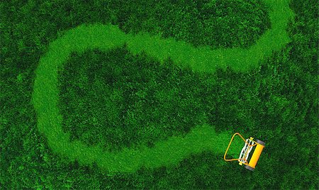 a top view of lawn where there is an orange push lawn mower in movement that is cutting the grass drawing a curved path on the grass Fotografie stock - Microstock e Abbonamento, Codice: 400-07094561