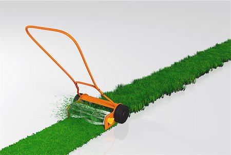 an orange push lawn mower is cutting the grass along a straight strip of green lawn on a white background Fotografie stock - Microstock e Abbonamento, Codice: 400-07094562