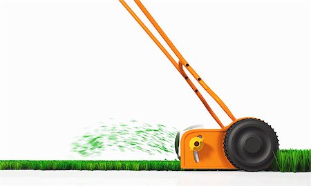 a side view of an orange push lawn mower in movement that is cutting the grass along a straight strip of green lawn on a white background Fotografie stock - Microstock e Abbonamento, Codice: 400-07094563