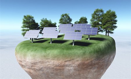 simsearch:400-04876815,k - view of a top portion of a rocky and circular terrain that has rows of solar panels fixed on a grassy ground and some trees behind them, all on a background desert and a blue sky Photographie de stock - Aubaine LD & Abonnement, Code: 400-07094576
