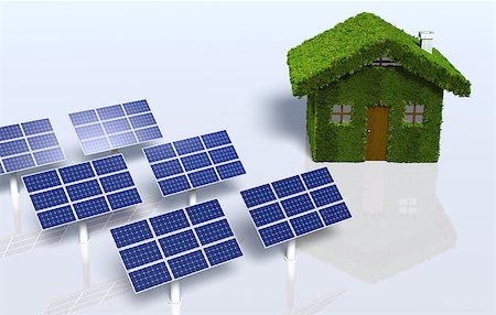 solar panels business - a small house covered by grass on the walls and on the roof, has on the left some solar panels placed on the ground, on a white background Stock Photo - Budget Royalty-Free & Subscription, Code: 400-07094571