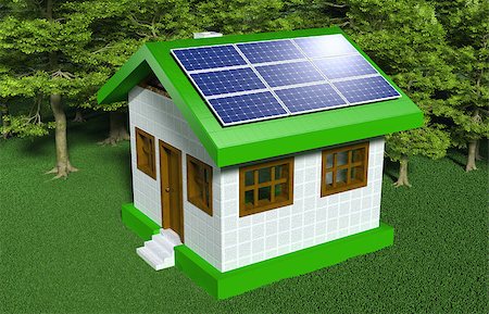 a small house with white walls and green roof has some solar panels placed on one side of the roof with the sun that reflects in them, on a grassy ground and trees behind it Fotografie stock - Microstock e Abbonamento, Codice: 400-07094572