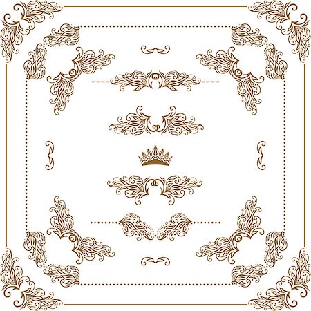 simsearch:400-05911971,k - Vector set of gold decorative horizontal floral elements, corners, borders, frame, dividers, crown.  Page decoration. Stock Photo - Budget Royalty-Free & Subscription, Code: 400-07095783