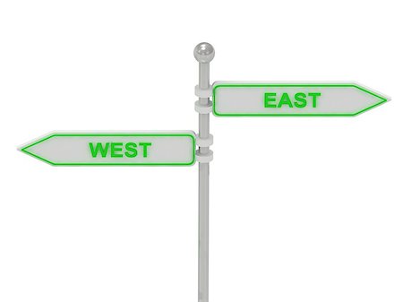 simsearch:400-05731083,k - Signs with green "WEST" and "EAST" pointing in opposite directions, Isolated on white background, 3d rendering Foto de stock - Royalty-Free Super Valor e Assinatura, Número: 400-07096936