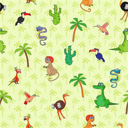 Seamless various south animals and plants pattern with cartoon cactus, monkey, ostrich, hummingbird, crocodile, boa, palm, toucan and parrot. Background with palms can be used as a separate seamless pattern Photographie de stock - Aubaine LD & Abonnement, Code: 400-07097251