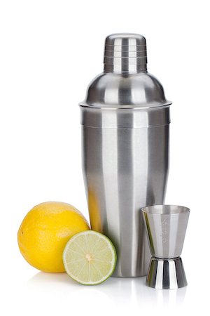 simsearch:400-06914551,k - Cocktail shaker with measuring cup and citruses. Isolated on white background Stock Photo - Budget Royalty-Free & Subscription, Code: 400-07098164