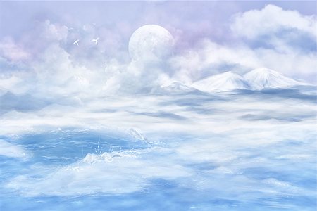 Digital art. Fantasy landscape in blue colors with a planet, phoenix and mountains. Stockbilder - Microstock & Abonnement, Bildnummer: 400-07098425