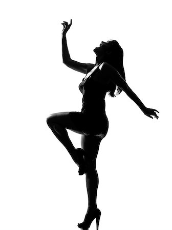 stylish silhouette caucasian beautiful woman dancing happy  full length on studio isolated white background Stock Photo - Budget Royalty-Free & Subscription, Code: 400-07098823