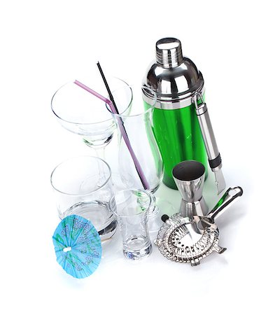Cocktail shaker, utensils and glasses. Isolated on white background Stock Photo - Budget Royalty-Free & Subscription, Code: 400-07099062