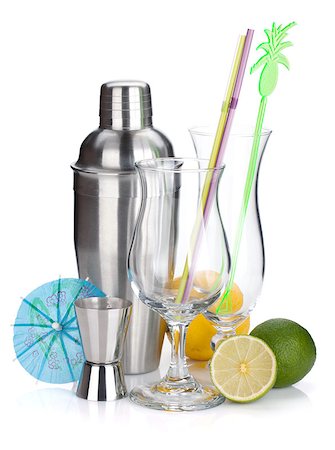 Cocktail shaker, glasses, utensils and citruses. Isolated on white background Stock Photo - Budget Royalty-Free & Subscription, Code: 400-07099063