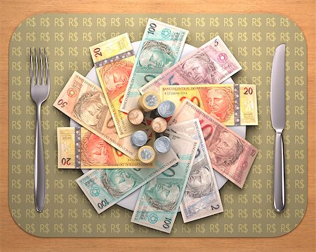Dinner time with Brazilian money on the plate. Stock Photo - Budget Royalty-Free & Subscription, Code: 400-07099222