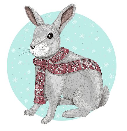 snow cosy - Cute rabbit with scarf winter background Photographie de stock - Aubaine LD & Abonnement, Code: 400-07099809