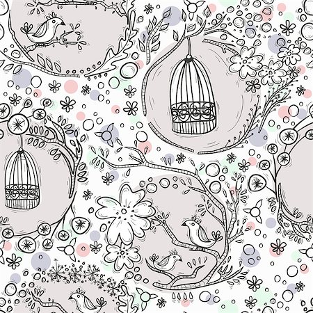 Seamless pattern with birdcages, flowers and birds. Fotografie stock - Microstock e Abbonamento, Codice: 400-07099812