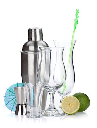 Cocktail shaker, glasses, utensils and lime. Isolated on white background Stock Photo - Budget Royalty-Free & Subscription, Code: 400-07090455