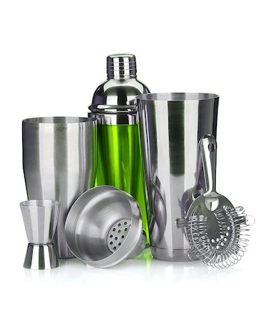 Cocktail shaker, strainer, measuring cup. Isolated on white background Stock Photo - Budget Royalty-Free & Subscription, Code: 400-07090456