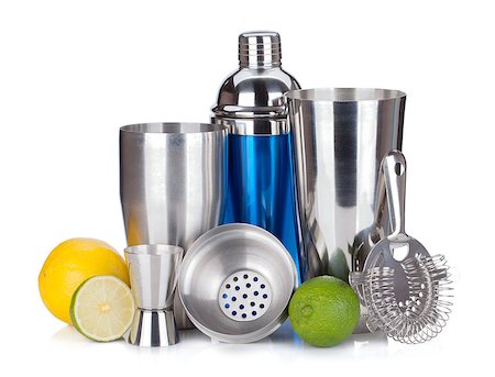 Cocktail shaker, strainer, measuring cup, drinking straws and citruses. Isolated on white background Stock Photo - Budget Royalty-Free & Subscription, Code: 400-07090457