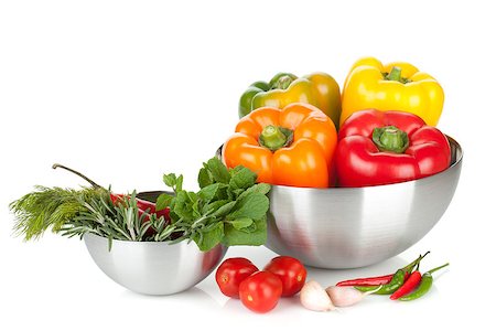 simsearch:400-07211737,k - Fresh bell peppers and herbs in bowls. Isolated on white background Photographie de stock - Aubaine LD & Abonnement, Code: 400-07090490