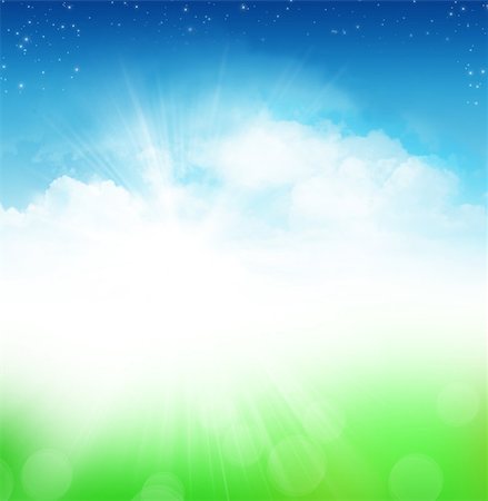 Cloudy blue sky with stars and green field abstract background Stock Photo - Budget Royalty-Free & Subscription, Code: 400-07090653