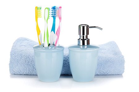 simsearch:400-04789848,k - Toothbrushes, liquid soap and towel. Isolated on white background Stock Photo - Budget Royalty-Free & Subscription, Code: 400-07090711