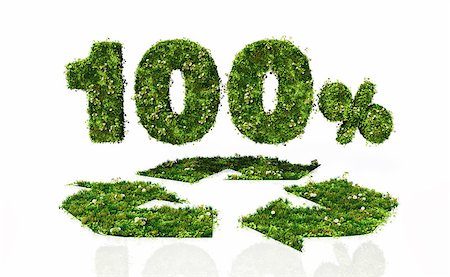 simsearch:400-06928460,k - a view of a recycling symbol with the writing "100%" behind it, all of them covered by grass and flowers, lie on a white background Stock Photo - Budget Royalty-Free & Subscription, Code: 400-07091078
