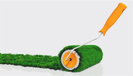 a closeup of a paint roller with an orange handle, that is painting a grassy strip on a white ground using lawn as colour Fotografie stock - Microstock e Abbonamento, Codice: 400-07091084