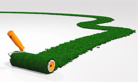 a paint roller with an orange handle, is painting a grassy path on a white ground using lawn instead a colour Fotografie stock - Microstock e Abbonamento, Codice: 400-07091080