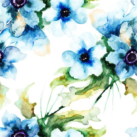 Seamless wallpaper with Summer blue flowers, watercolor illustration Fotografie stock - Microstock e Abbonamento, Codice: 400-07091953