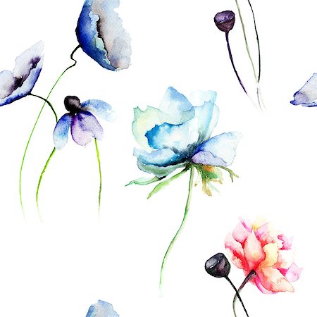 floral patterns peony - Seamless wallpaper with stylized blue and red flowers Foto de stock - Super Valor sin royalties y Suscripción, Código: 400-07091980