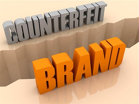 Two words COUNTERFEIT and BRAND split on sides, separation crack. Concept 3D illustration. Stock Photo - Budget Royalty-Free & Subscription, Code: 400-07092241