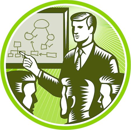 Illustration of a male presenter office worker businessman talking presenting making presentation to boardroom with colleagues white board with diagrams and mind maps in background done in retro woodcut style. Stock Photo - Budget Royalty-Free & Subscription, Code: 400-07092434