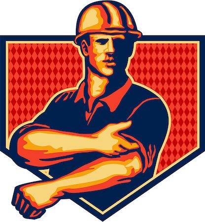 simsearch:400-07507840,k - Illustration of a construction worker wearing hardhat rolling up sleeve facing front set inside shield done in retro style Foto de stock - Royalty-Free Super Valor e Assinatura, Número: 400-07092455