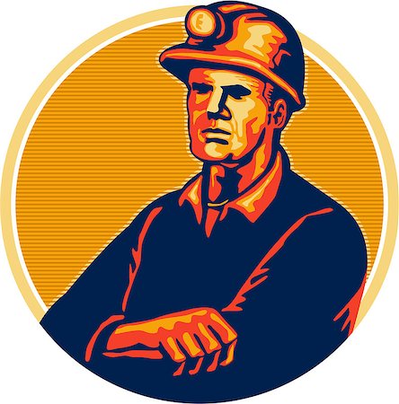 simsearch:400-07835492,k - Illustration of a coal miner wearing hardhat arms folded facing front set inside circle done in retro style. Stockbilder - Microstock & Abonnement, Bildnummer: 400-07092452