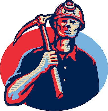 simsearch:400-07835492,k - Illustration of a coal miner wearing hardhat with pick axe facing front set inside oval done in retro style. Stockbilder - Microstock & Abonnement, Bildnummer: 400-07092453