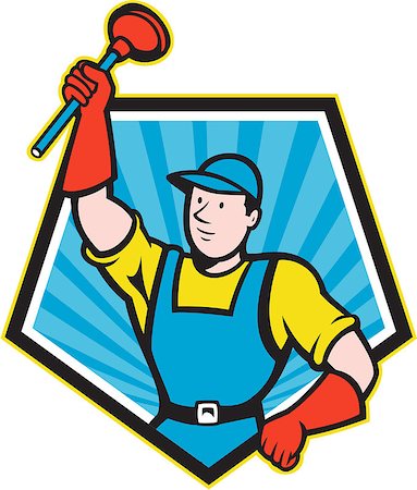 simsearch:400-07092514,k - Illustration of a super plumber wielding holding plunger done in cartoon style set inside pentagon shape on isolated background. Foto de stock - Super Valor sin royalties y Suscripción, Código: 400-07092511