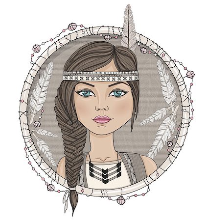 Cute native american girl and feathers frame. Stock Photo - Budget Royalty-Free & Subscription, Code: 400-07092665