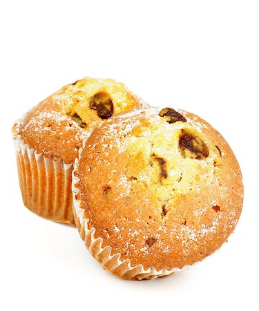 simsearch:400-07420117,k - Two Delicious Homemade Muffins with Raisins and Sugar Powder isolated on white background Stock Photo - Budget Royalty-Free & Subscription, Code: 400-07092916