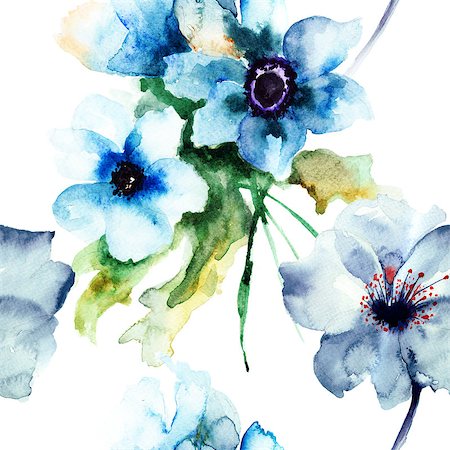 simsearch:400-07291175,k - Seamless pattern with Summer blue flowers, watercolor illustration Foto de stock - Super Valor sin royalties y Suscripción, Código: 400-07104291