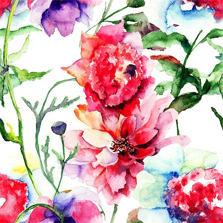 Seamless pattern with Beautiful Peony flower, Watercolor painting Stock Photo - Budget Royalty-Free & Subscription, Code: 400-07104307