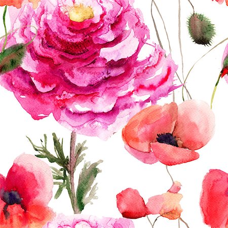 floral patterns peony - Beautiful Red flower, Watercolor painting, seamless pattern Foto de stock - Super Valor sin royalties y Suscripción, Código: 400-07104308